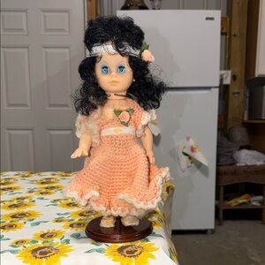 Vintage Hand Crocheted Yarn Peach & White Full Length Doll Dress w Headband